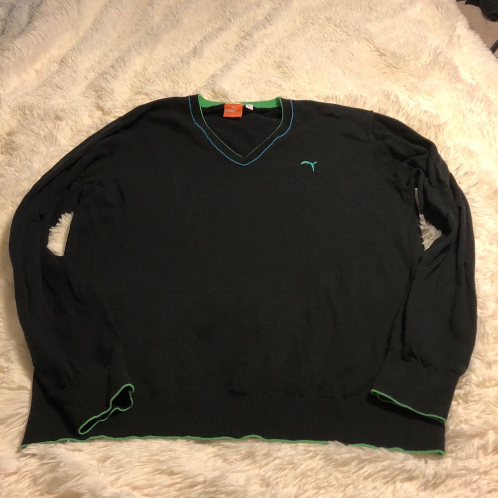 Puma black v-neck golf sweater w/ blue & green XL
